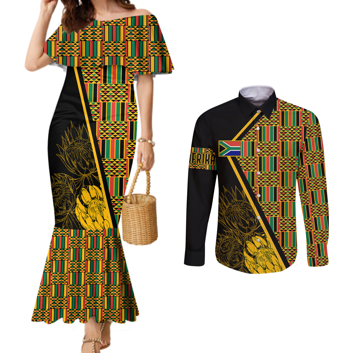 personalised-south-african-heritage-day-couples-matching-mermaid-dress-and-long-sleeve-button-shirts-kente-ethnic-patterns-mix-protea