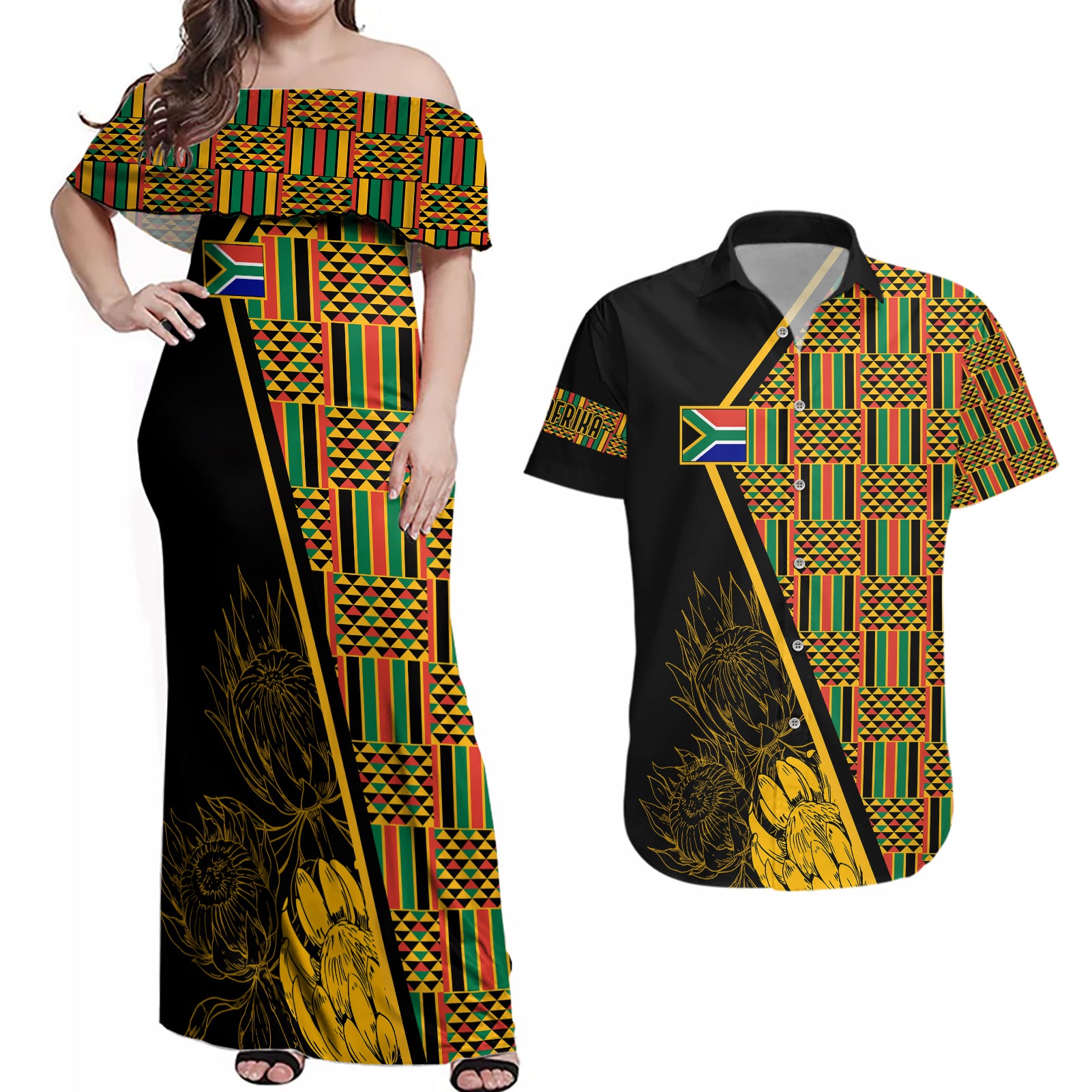 Personalised South African Heritage Day Couples Matching Off Shoulder Maxi Dress and Hawaiian Shirt Kente Ethnic Patterns Mix Protea LT7 - Wonder Print Shop