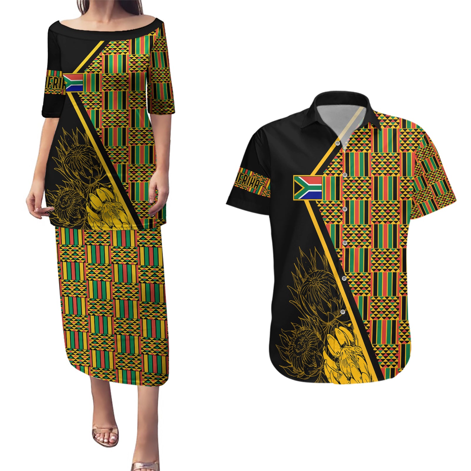 Personalised South African Heritage Day Couples Matching Puletasi Dress and Hawaiian Shirt Kente Ethnic Patterns Mix Protea LT7 - Wonder Print Shop