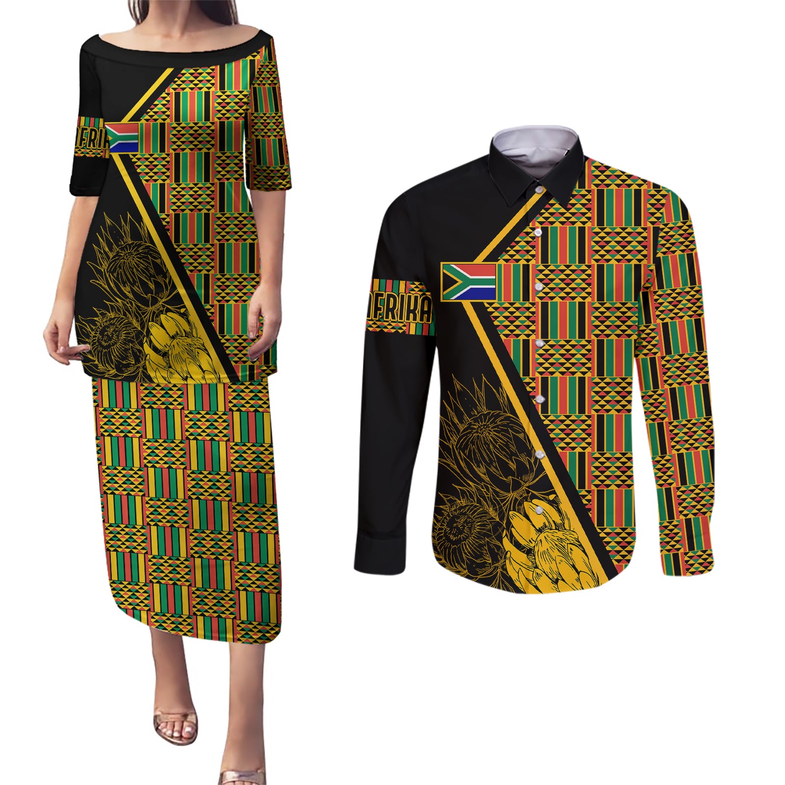 Personalised South African Heritage Day Couples Matching Puletasi Dress and Long Sleeve Button Shirts Kente Ethnic Patterns Mix Protea LT7 - Wonder Print Shop