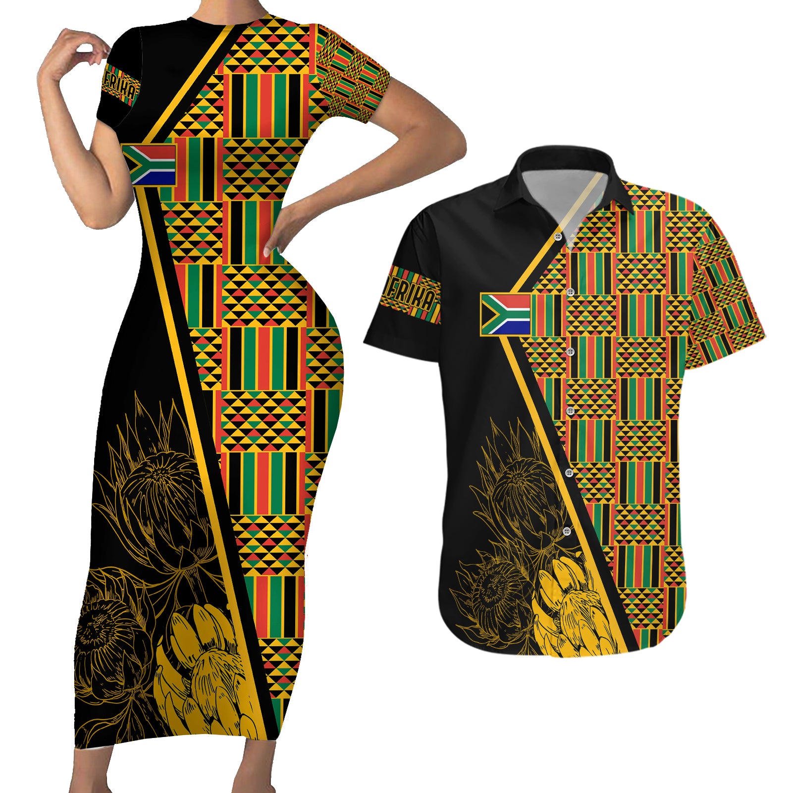 Personalised South African Heritage Day Couples Matching Short Sleeve Bodycon Dress and Hawaiian Shirt Kente Ethnic Patterns Mix Protea LT7 - Wonder Print Shop