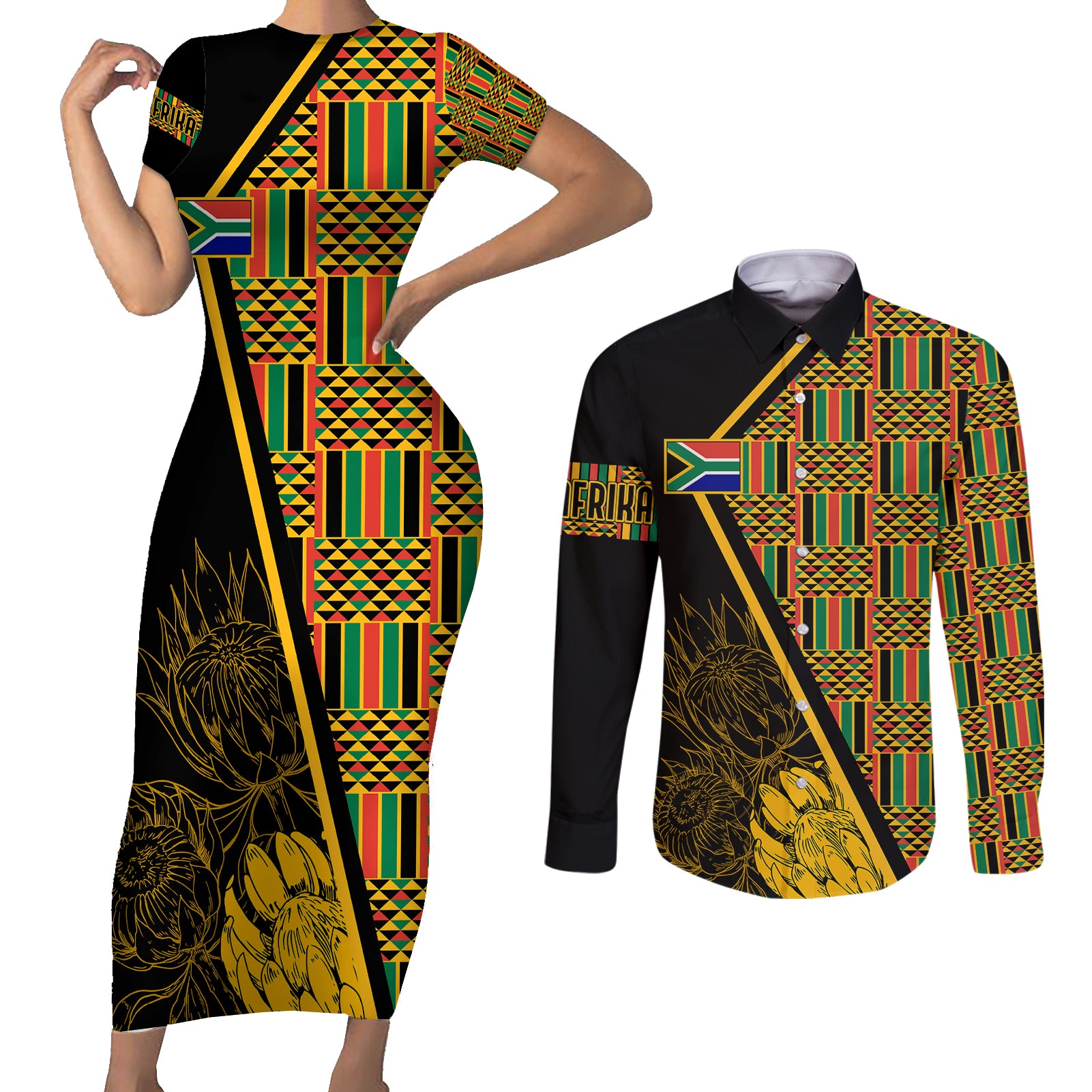 Personalised South African Heritage Day Couples Matching Short Sleeve Bodycon Dress and Long Sleeve Button Shirts Kente Ethnic Patterns Mix Protea LT7 - Wonder Print Shop