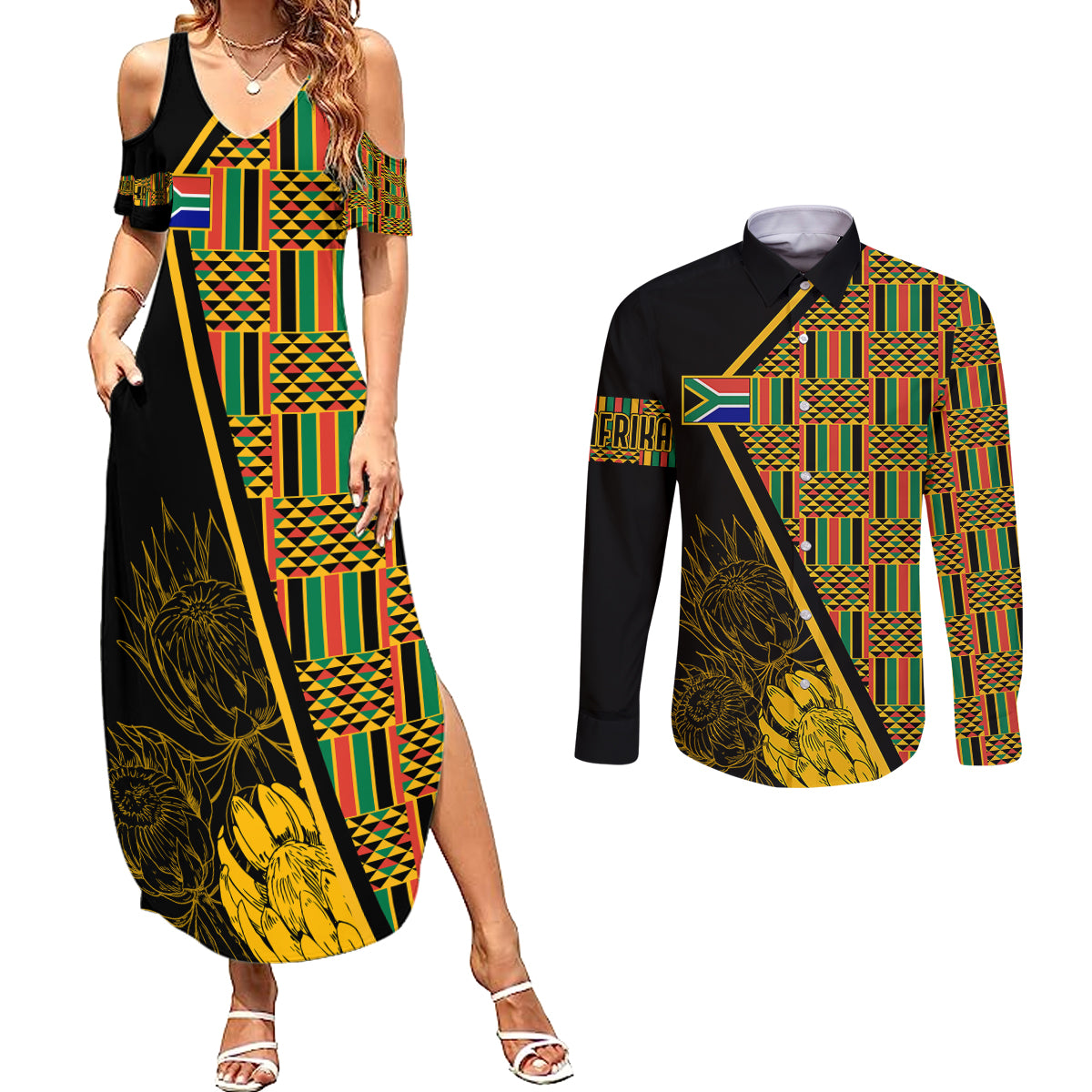 Personalised South African Heritage Day Couples Matching Summer Maxi Dress and Long Sleeve Button Shirts Kente Ethnic Patterns Mix Protea LT7 - Wonder Print Shop