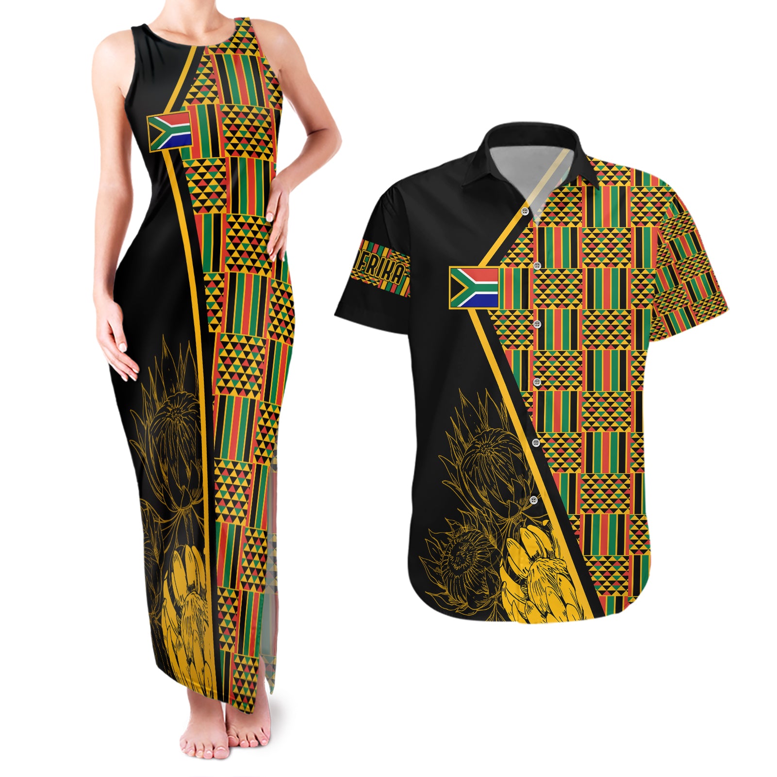 Personalised South African Heritage Day Couples Matching Tank Maxi Dress and Hawaiian Shirt Kente Ethnic Patterns Mix Protea LT7 - Wonder Print Shop