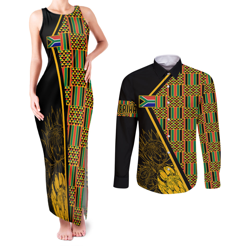 Personalised South African Heritage Day Couples Matching Tank Maxi Dress and Long Sleeve Button Shirts Kente Ethnic Patterns Mix Protea LT7 - Wonder Print Shop