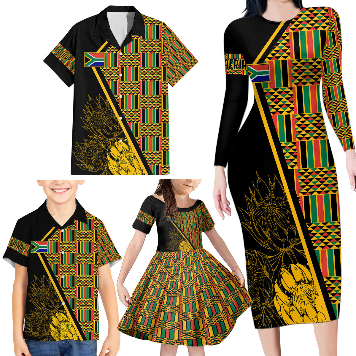 Personalised South African Heritage Day Family Matching Long Sleeve Bodycon Dress and Hawaiian Shirt Kente Ethnic Patterns Mix Protea LT7 - Wonder Print Shop