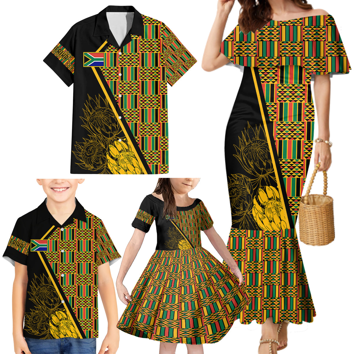 Personalised South African Heritage Day Family Matching Mermaid Dress and Hawaiian Shirt Kente Ethnic Patterns Mix Protea LT7 - Wonder Print Shop