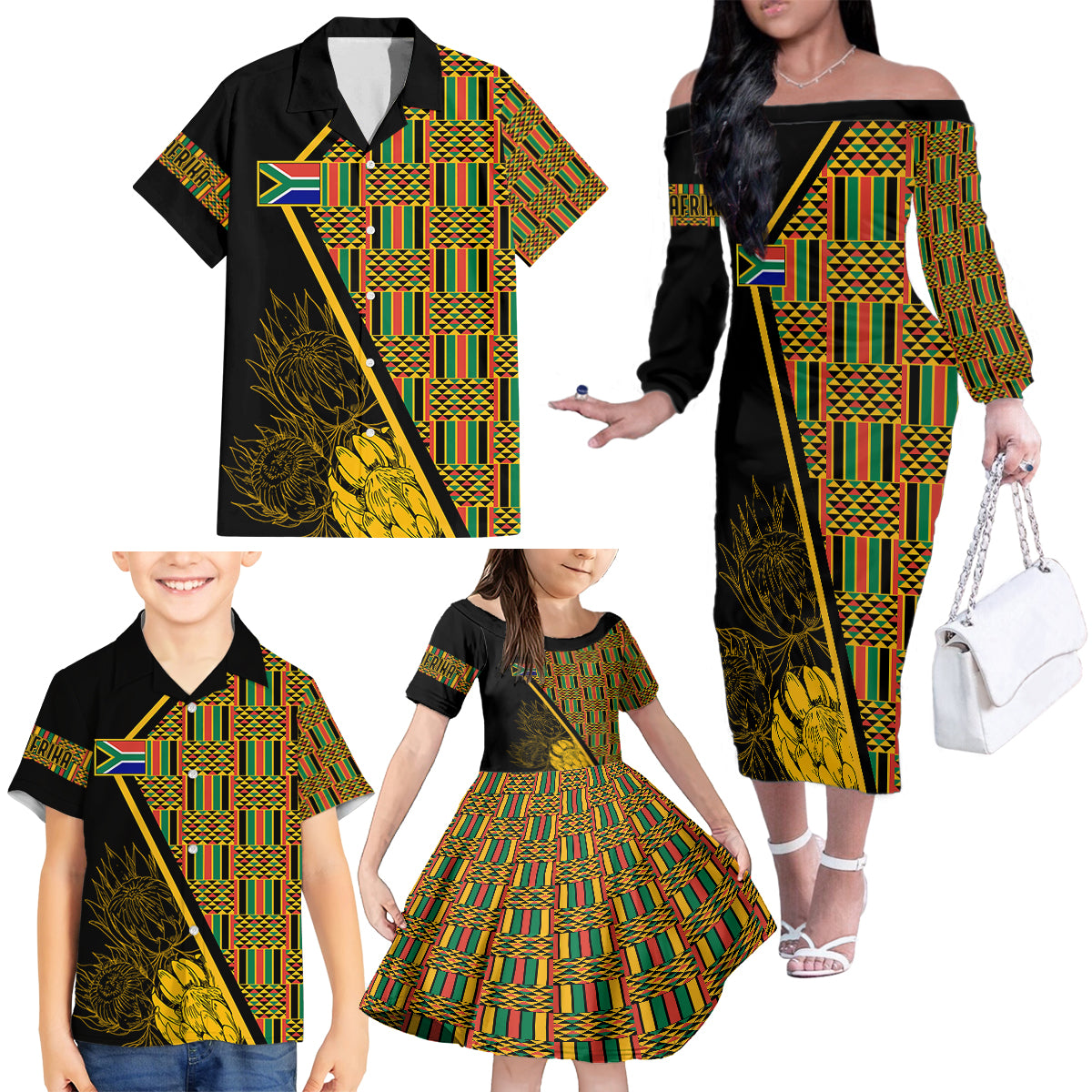 Personalised South African Heritage Day Family Matching Off Shoulder Long Sleeve Dress and Hawaiian Shirt Kente Ethnic Patterns Mix Protea - Wonder Print Shop