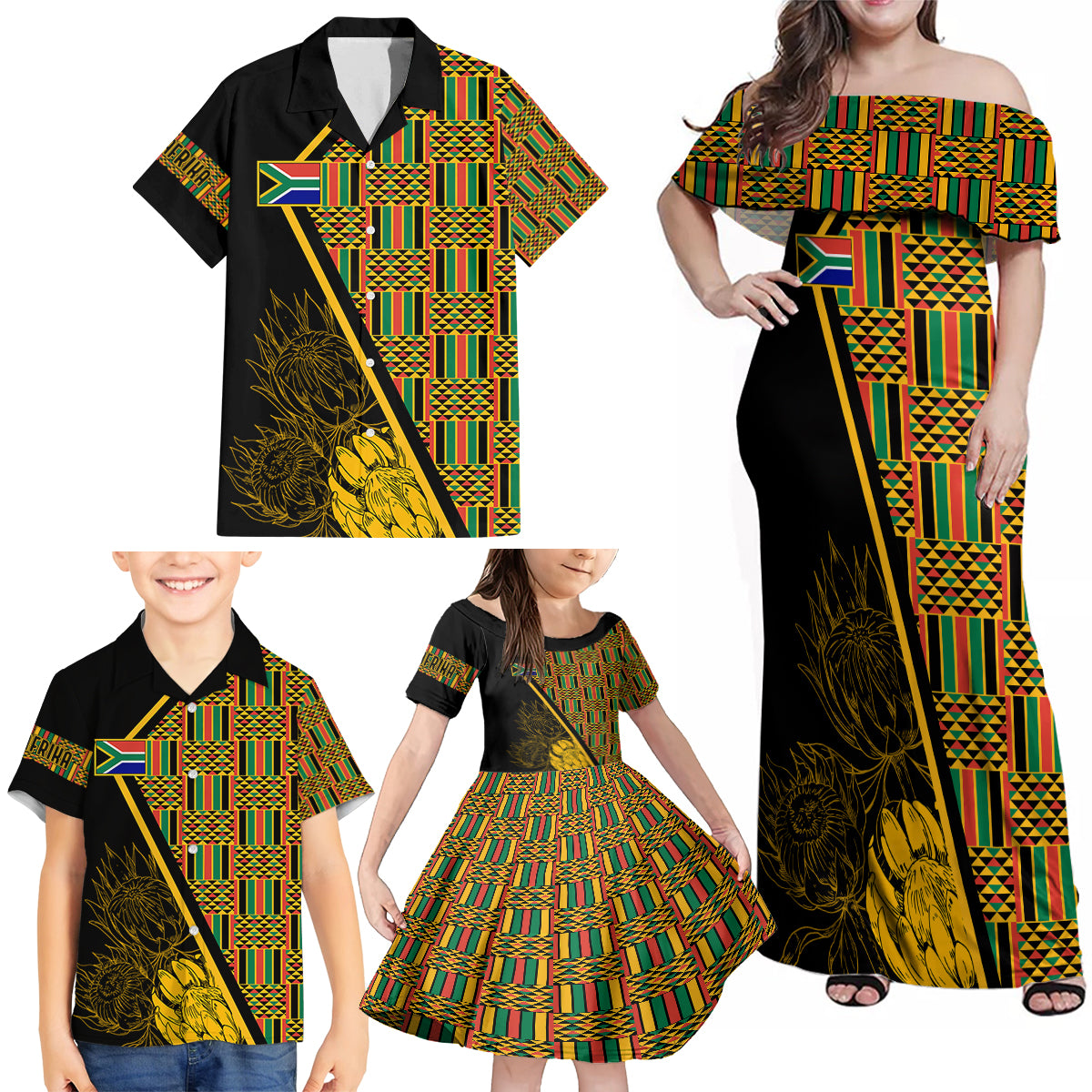 Personalised South African Heritage Day Family Matching Off Shoulder Maxi Dress and Hawaiian Shirt Kente Ethnic Patterns Mix Protea LT7 - Wonder Print Shop