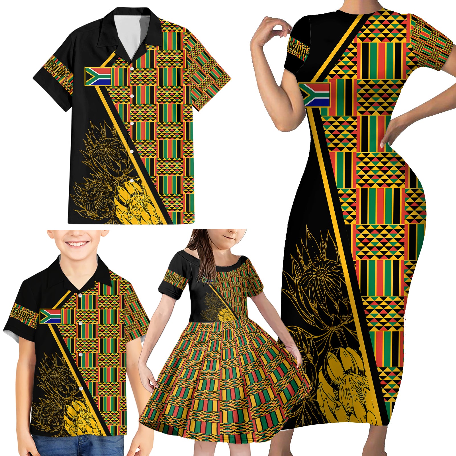 Personalised South African Heritage Day Family Matching Short Sleeve Bodycon Dress and Hawaiian Shirt Kente Ethnic Patterns Mix Protea - Wonder Print Shop