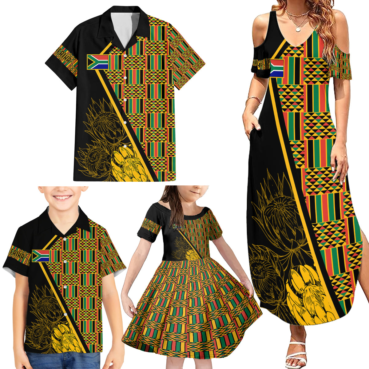 Personalised South African Heritage Day Family Matching Summer Maxi Dress and Hawaiian Shirt Kente Ethnic Patterns Mix Protea - Wonder Print Shop