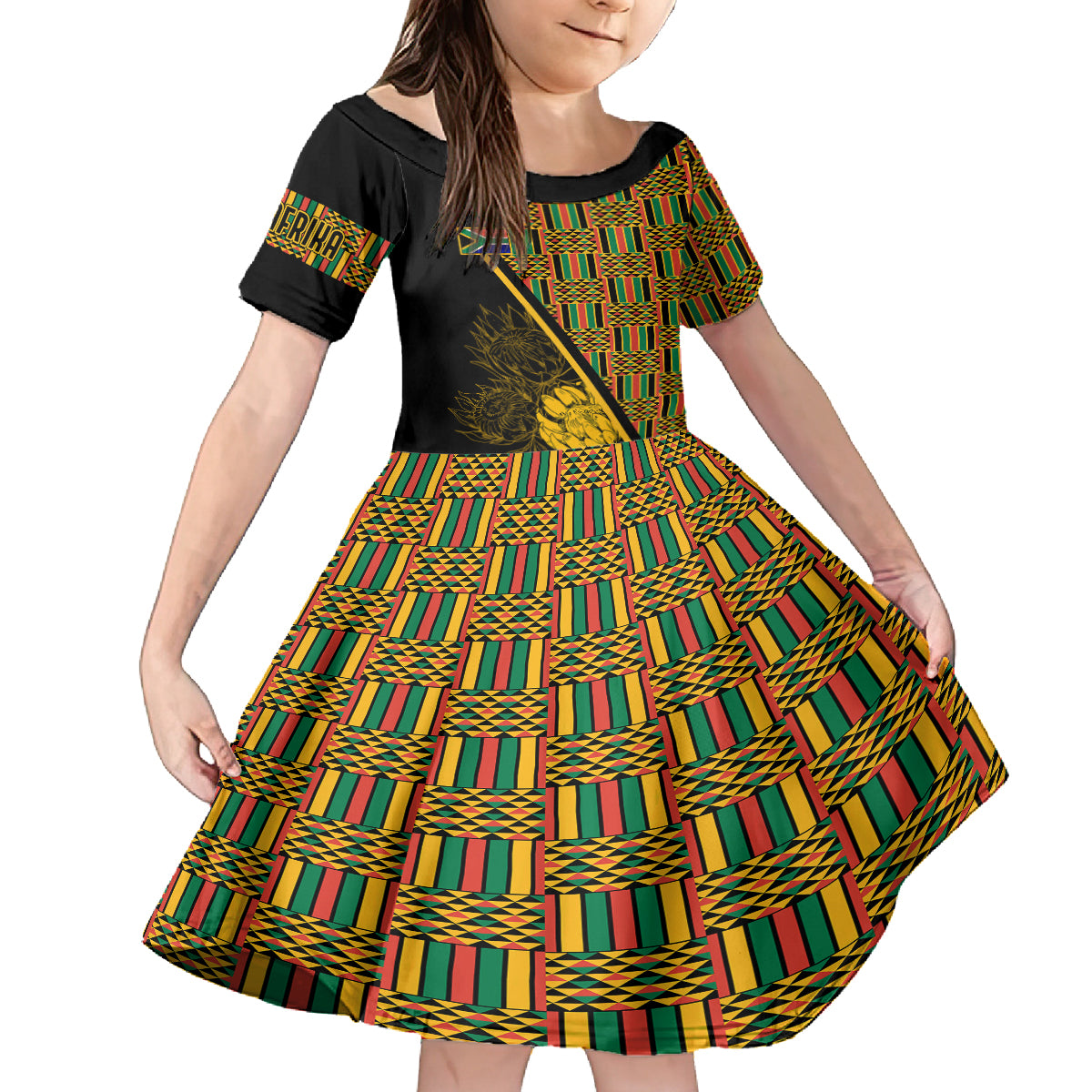 Personalised South African Heritage Day Kid Short Sleeve Dress Kente Ethnic Patterns Mix Protea - Wonder Print Shop