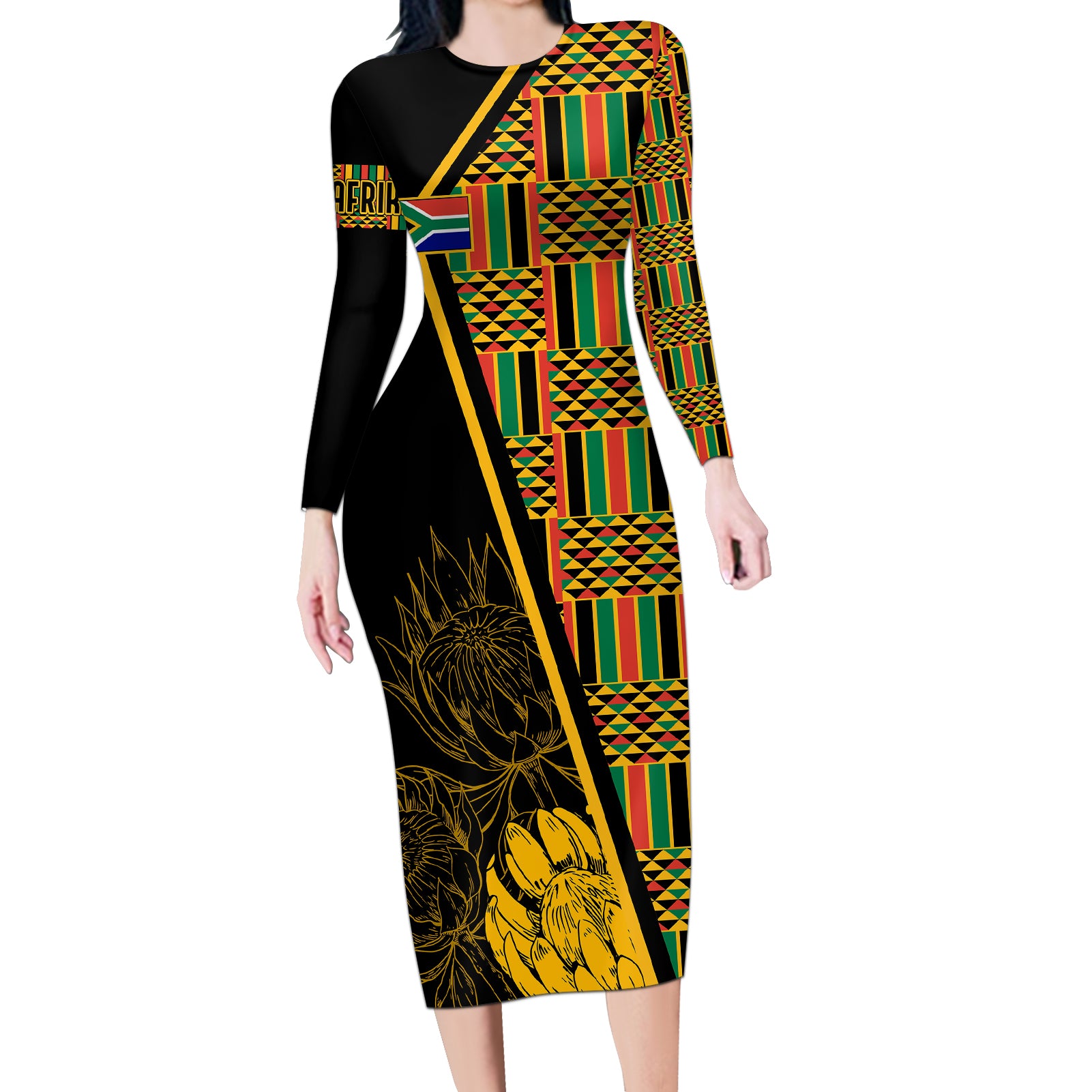 Personalised South African Heritage Day Long Sleeve Bodycon Dress Kente Ethnic Patterns Mix Protea - Wonder Print Shop