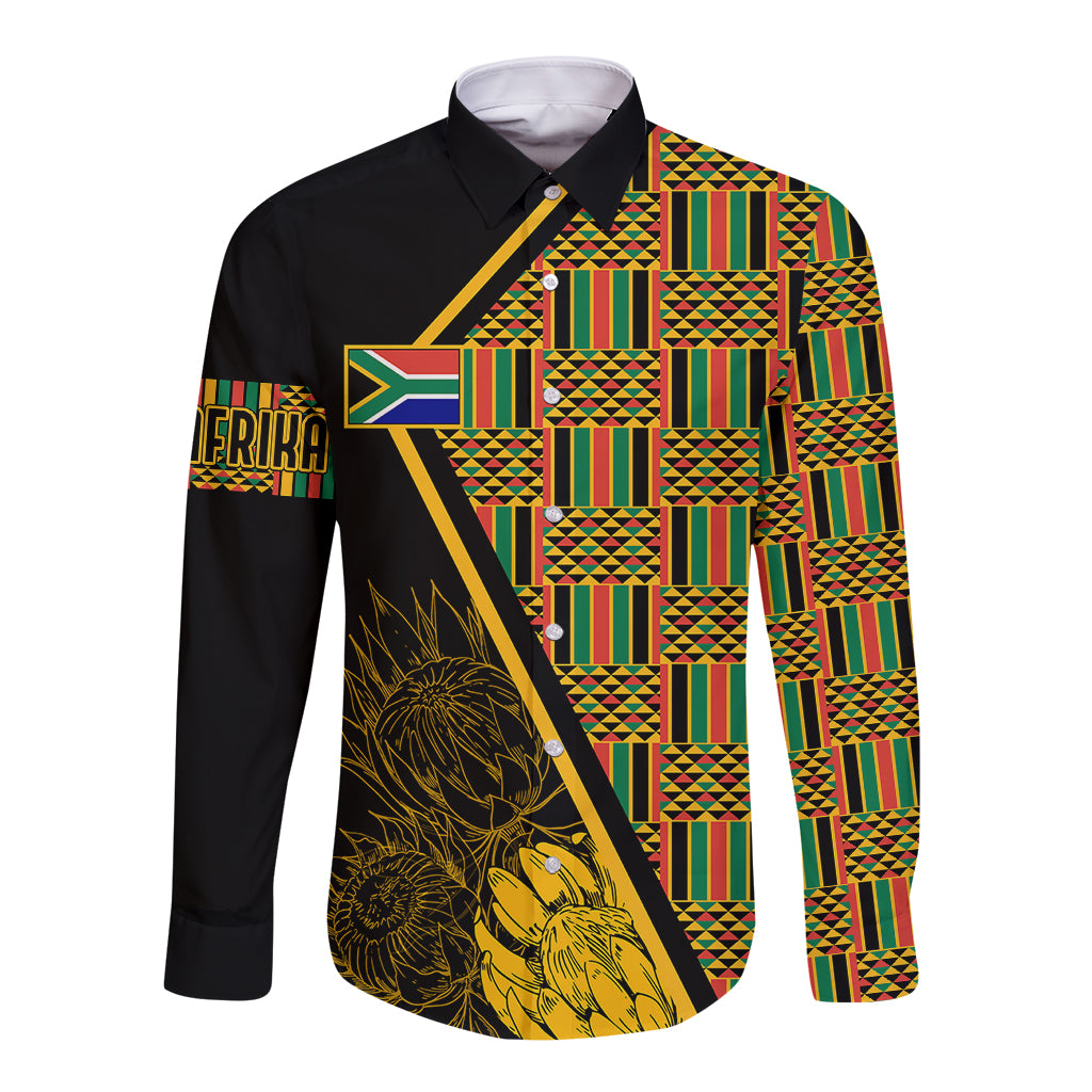 Personalised South African Heritage Day Long Sleeve Button Shirt Kente Ethnic Patterns Mix Protea - Wonder Print Shop