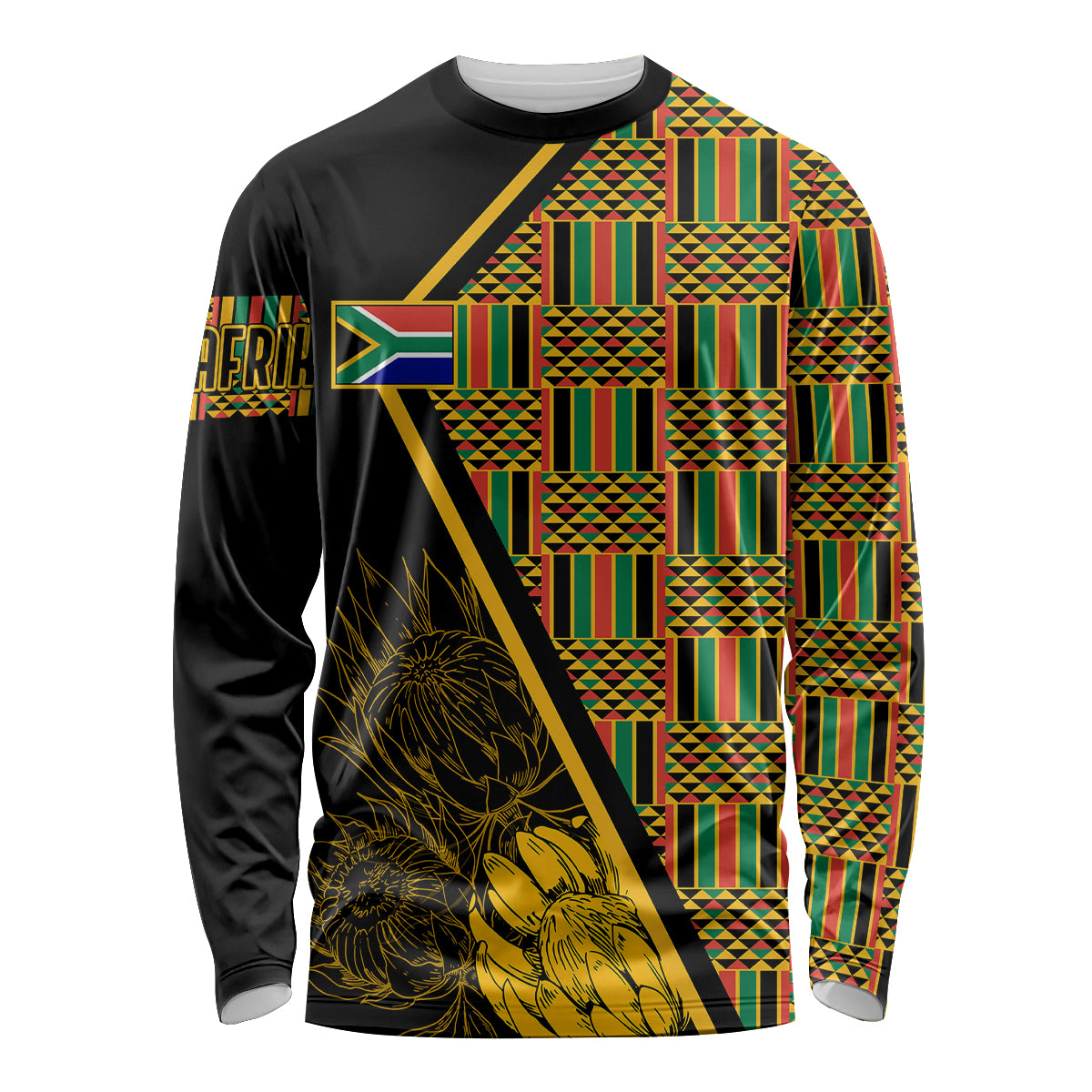 Long-sleeve shirt in black with multicolor kente geometric panels and gold protea print