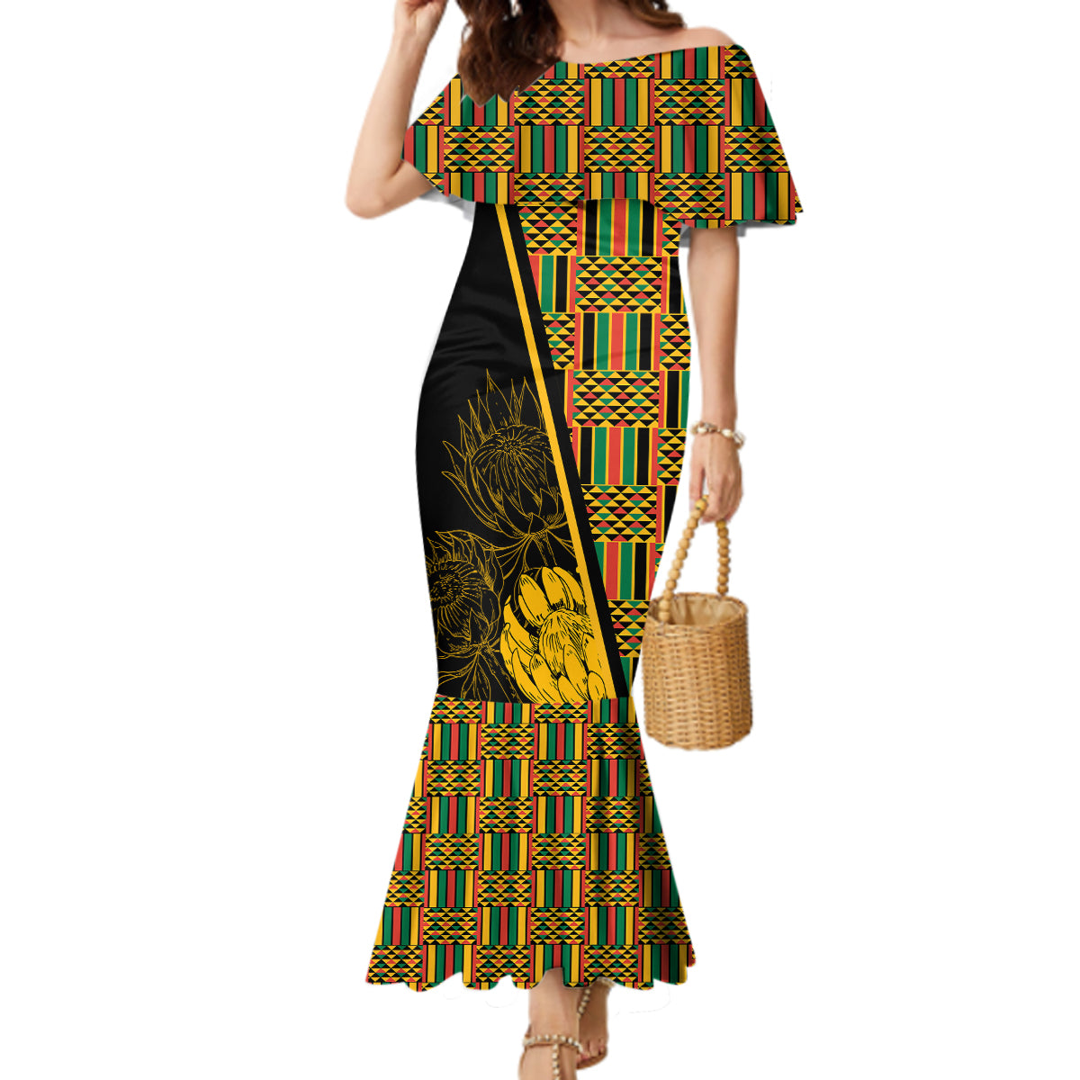 Personalised South African Heritage Day Mermaid Dress Kente Ethnic Patterns Mix Protea - Wonder Print Shop