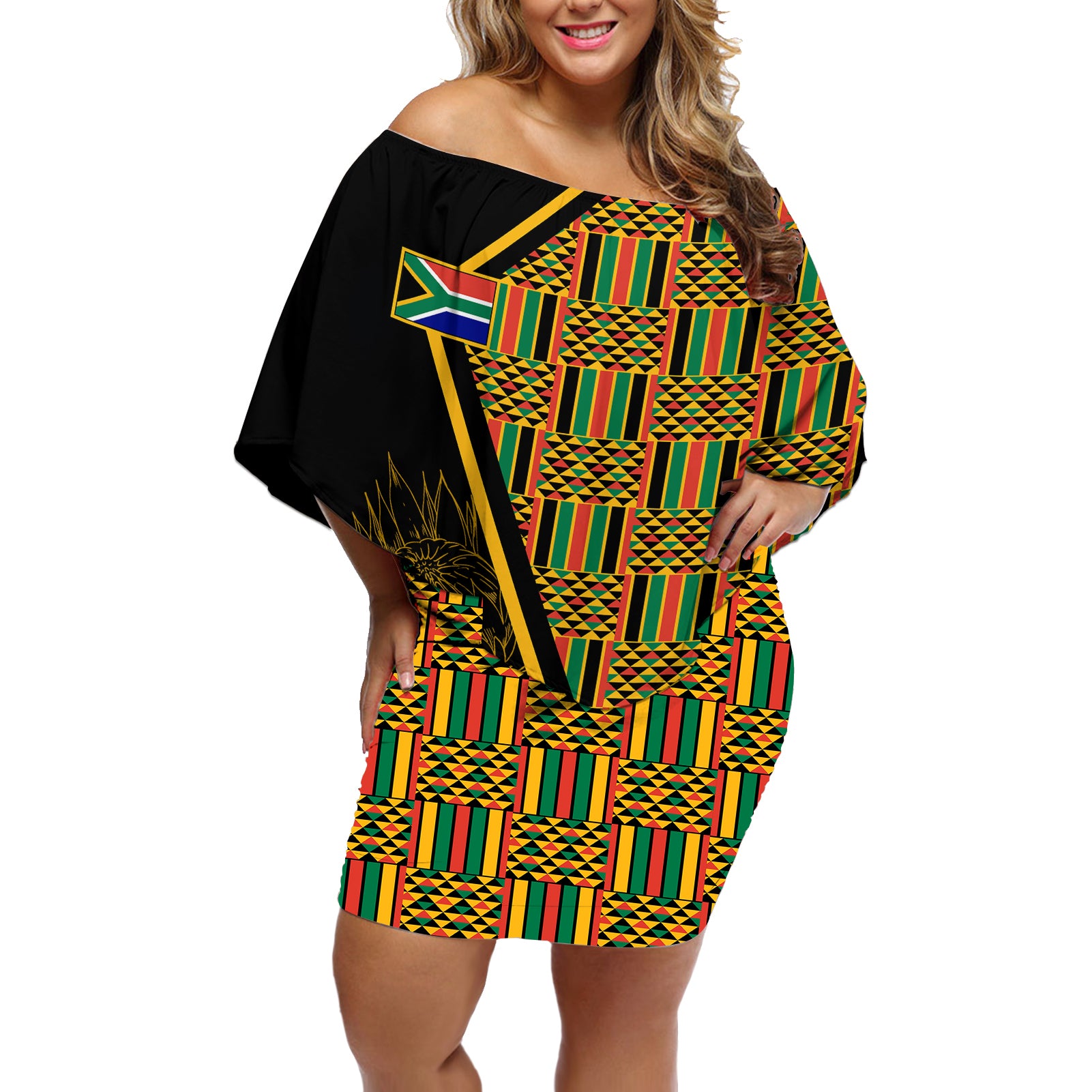 Personalised South African Heritage Day Off Shoulder Short Dress Kente Ethnic Patterns Mix Protea - Wonder Print Shop