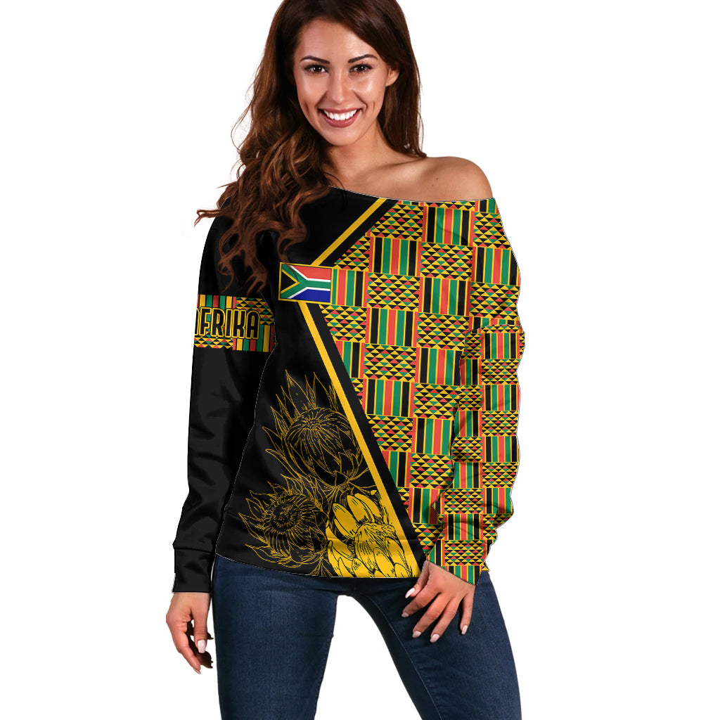 Personalised South African Heritage Day Off Shoulder Sweater Kente Ethnic Patterns Mix Protea - Wonder Print Shop