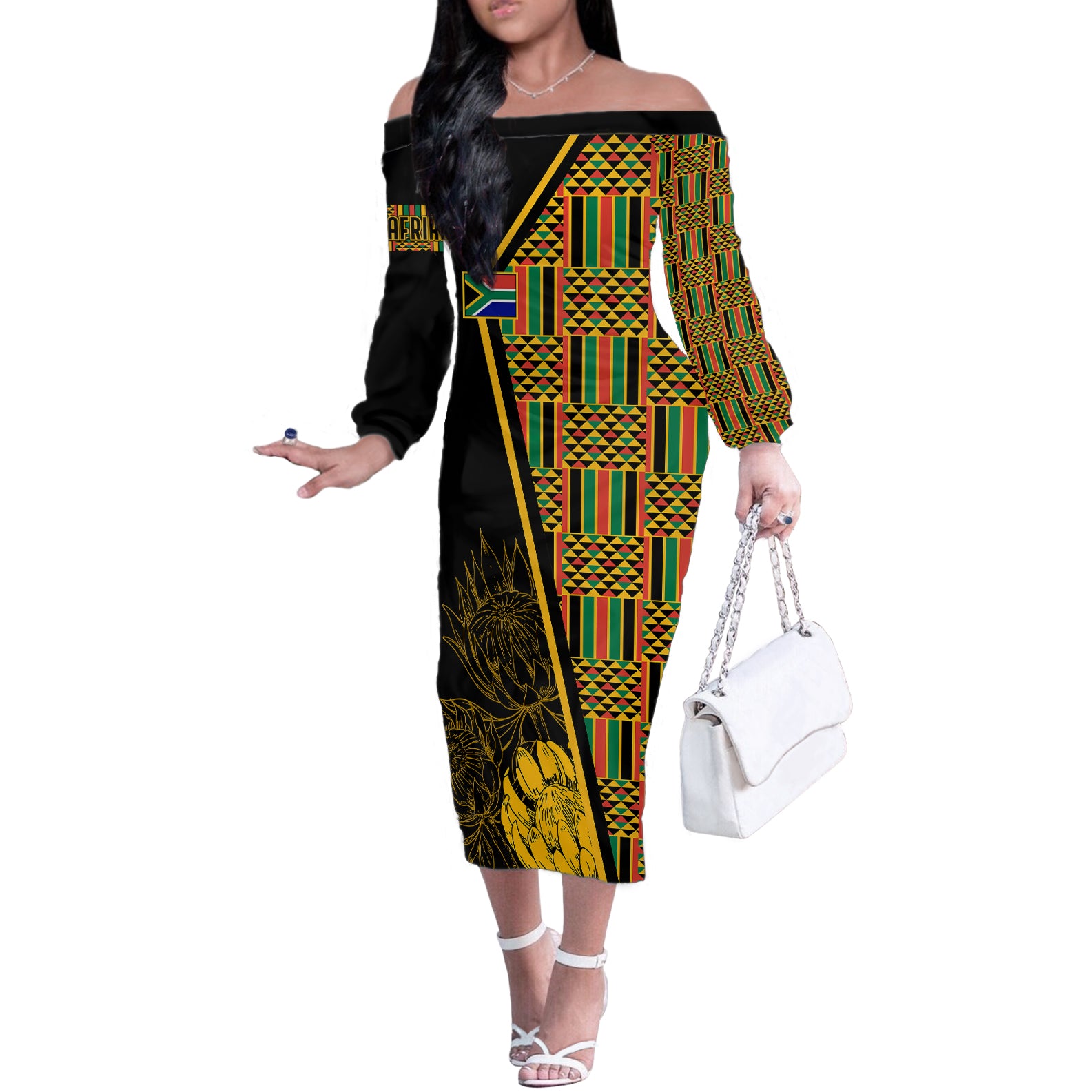 Personalised South African Heritage Day Off The Shoulder Long Sleeve Dress Kente Ethnic Patterns Mix Protea - Wonder Print Shop