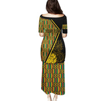 Long kente-pattern dress with black back panel and customizable text area, short sleeves