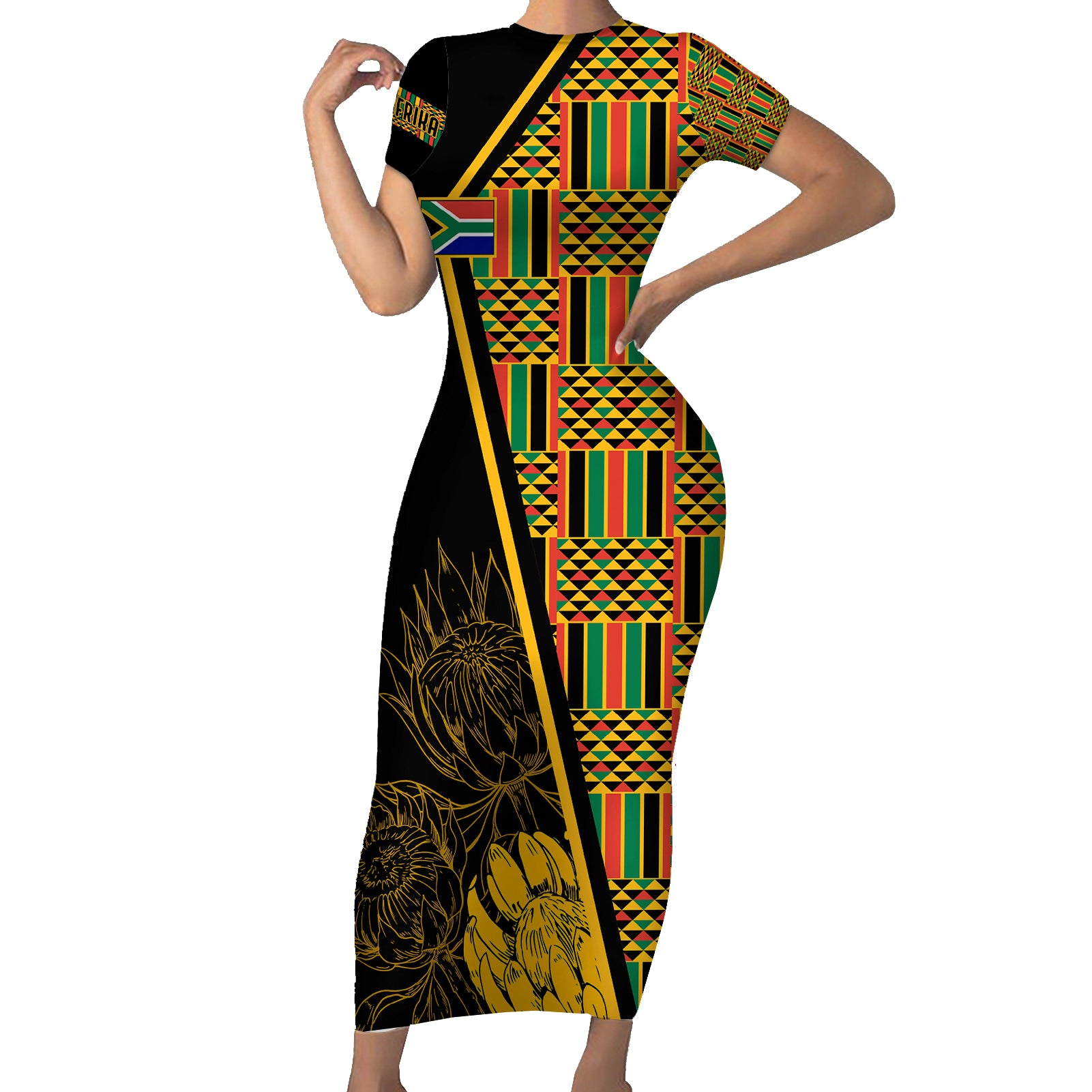 Personalised South African Heritage Day Short Sleeve Bodycon Dress Kente Ethnic Patterns Mix Protea - Wonder Print Shop