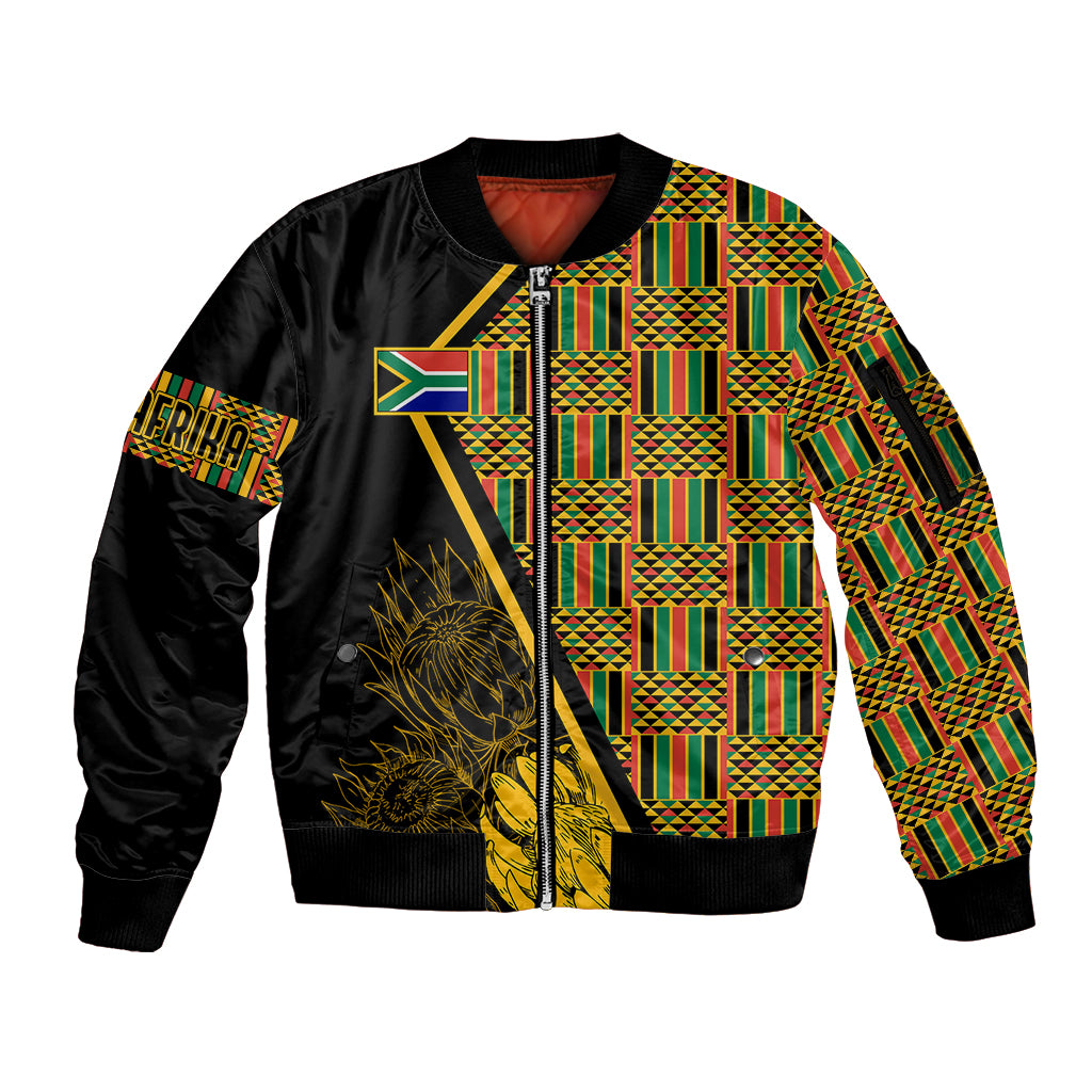 Personalised South African Heritage Day Sleeve Zip Bomber Jacket Kente Ethnic Patterns Mix Protea - Wonder Print Shop