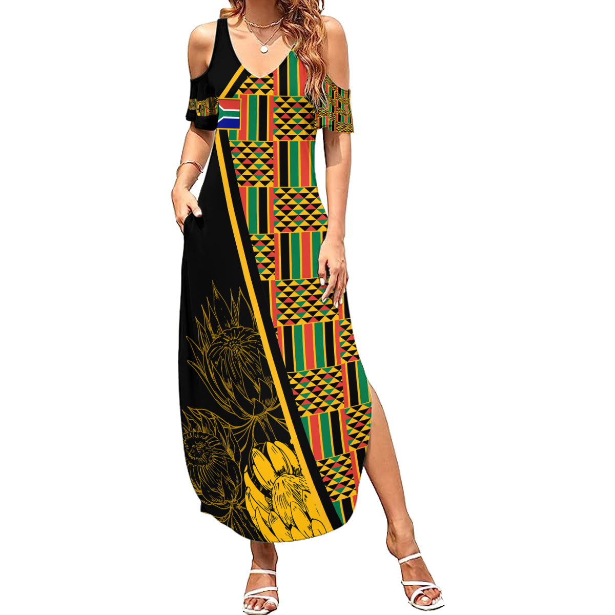 personalised-south-african-heritage-day-summer-maxi-dress-kente-ethnic-patterns-mix-protea