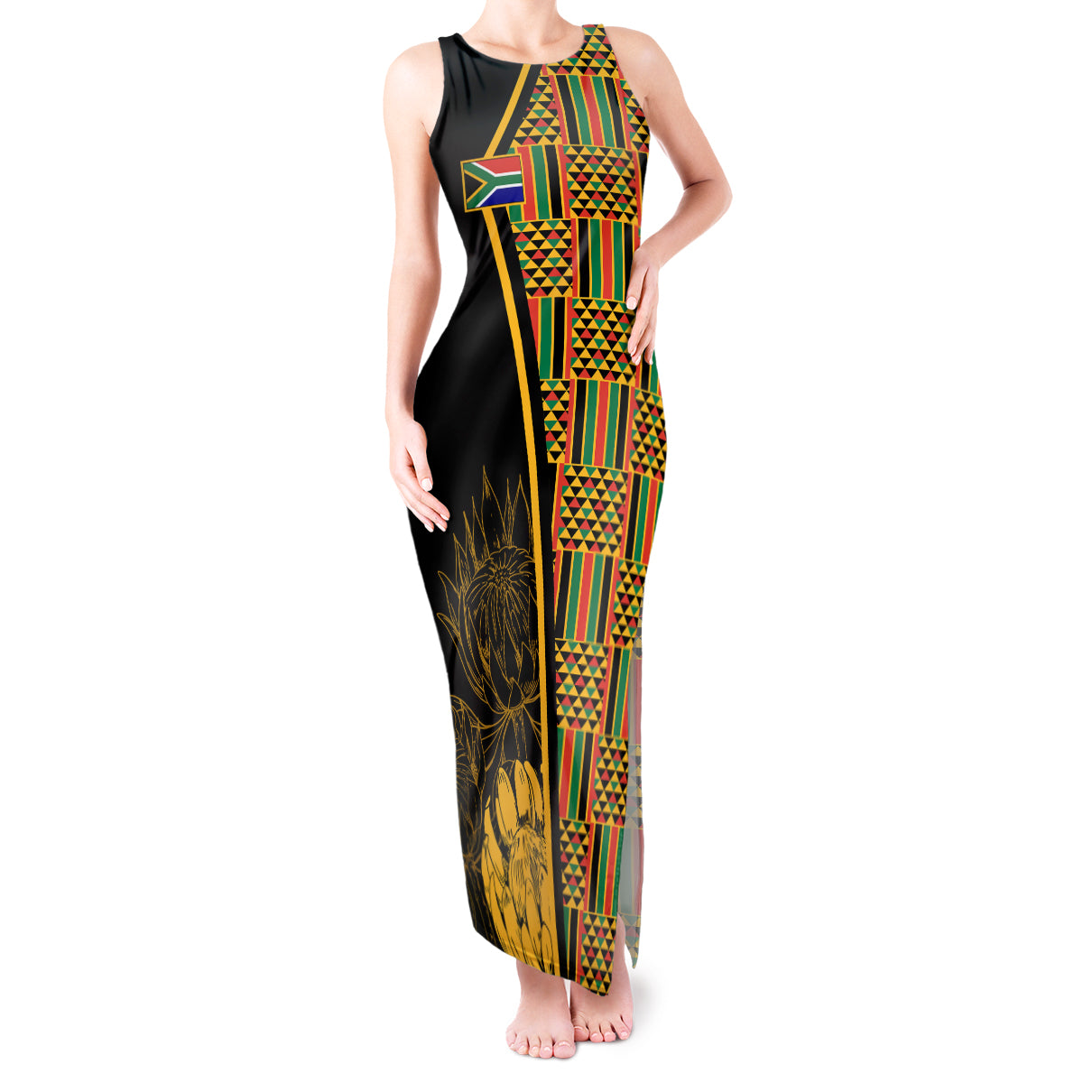 personalised-south-african-heritage-day-tank-maxi-dress-kente-ethnic-patterns-mix-protea