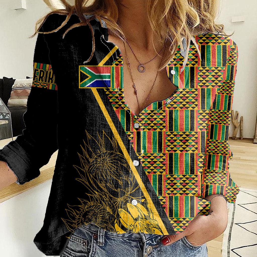 personalised-south-african-heritage-day-women-casual-shirt-kente-ethnic-patterns-mix-protea