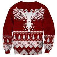 Red unisex Christmas sweatshirt with large eagle wings graphic and festive border back
