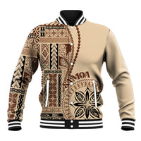 Beige baseball jacket with brown-and-cream siapo motif, button front, striped rib cuffs