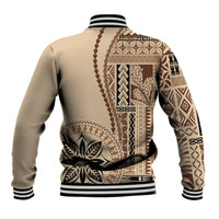 Beige baseball jacket with brown-and-cream patterned back panel, striped collar and cuffs