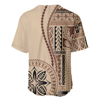 Baseball jersey with beige base and brown siapo-style back panel print, short sleeves