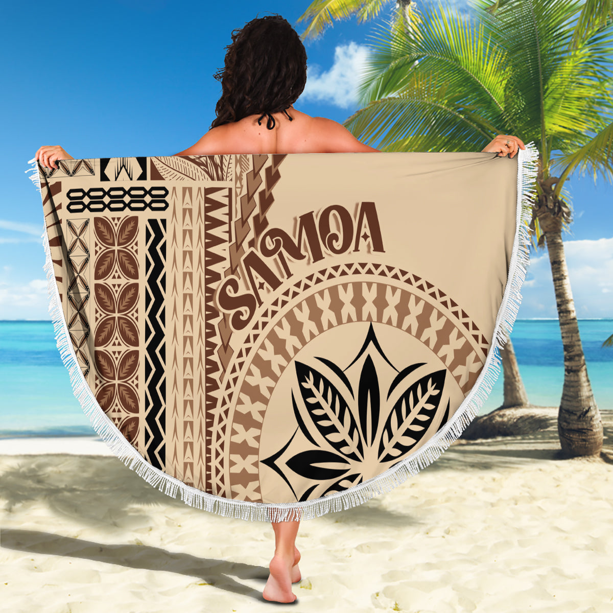 Samoa-style circular blanket with brown motif, beige field, white fringed border