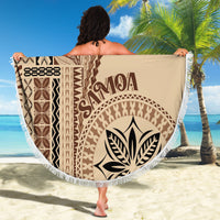 Samoa-style circular blanket with brown motif, beige field, white fringed border