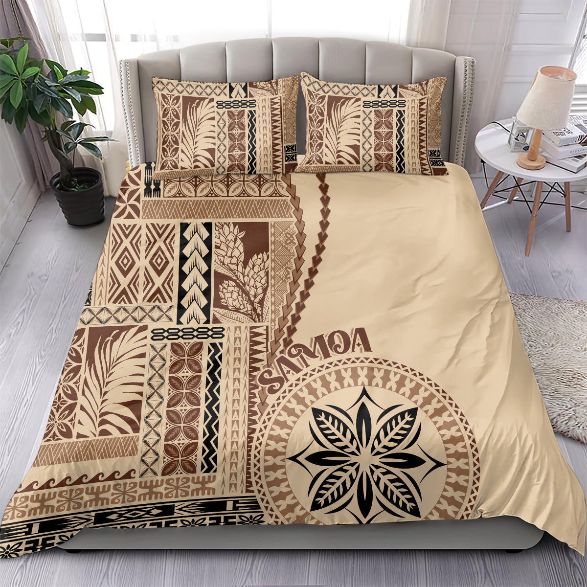 Beige bedding set with Samoa siapo-inspired geometric patchwork and leaf design