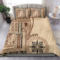 Beige bedding set with Samoa siapo-inspired geometric patchwork and leaf design