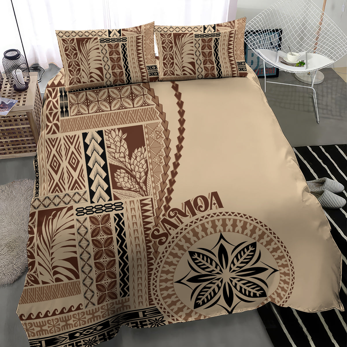 Beige duvet cover with Samoa siapo pattern blocks and large circular leaf emblem