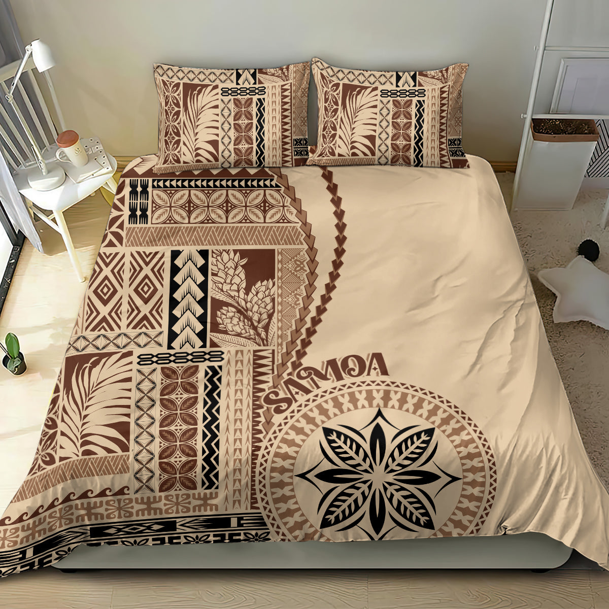 Beige Samoa siapo motif bedding set with brown geometric prints and circular leaf logo