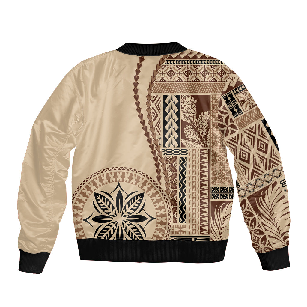 Beige bomber jacket with black ribbed collar and cuffs; Polynesian motif patchwork back