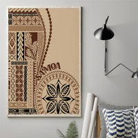 Beige canvas wall art with layered tribal blocks and large leaf emblem, unframed
