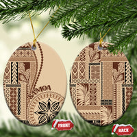 Beige siapo motif ceramic ornament, oval shapes with brown geometric patterns and gold cord