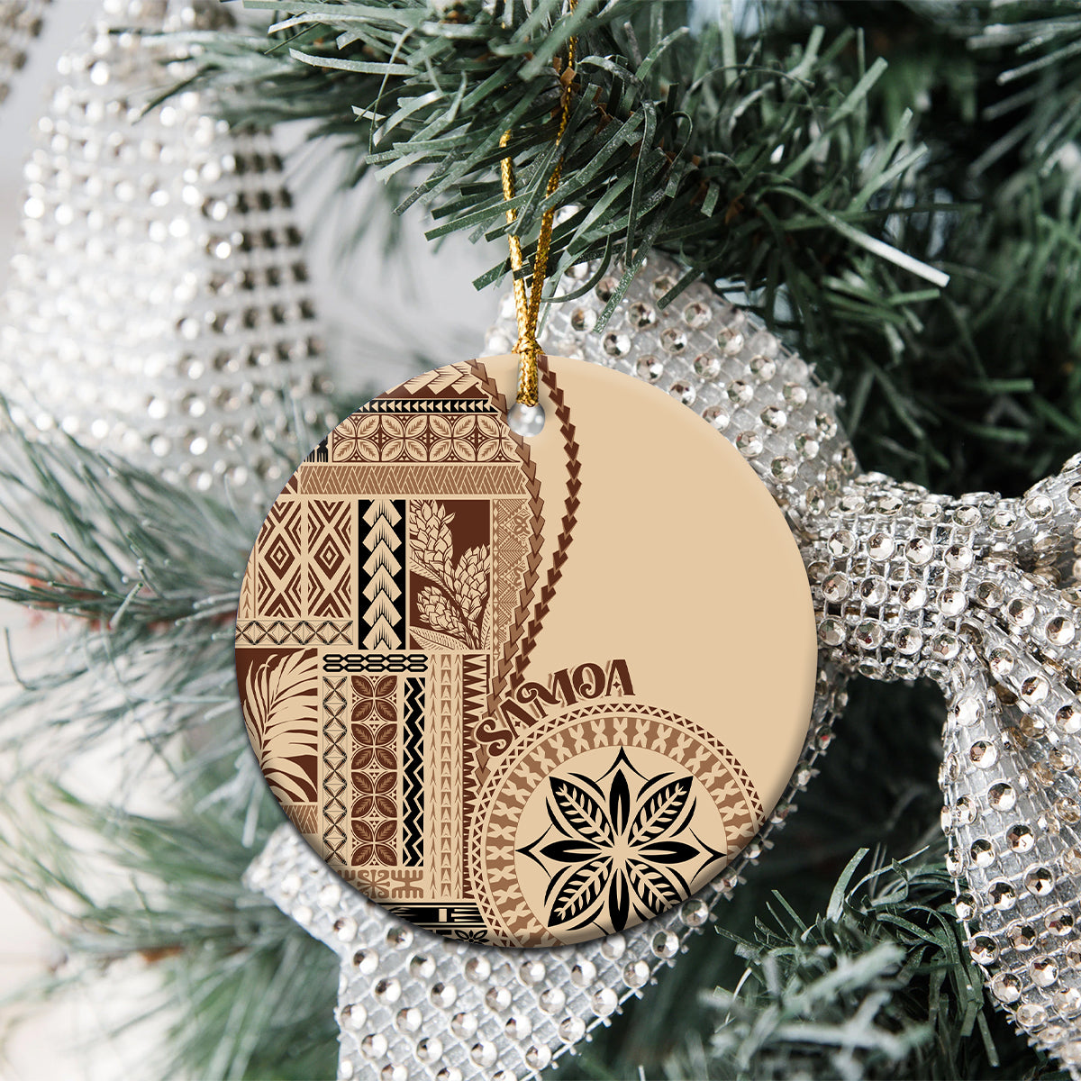 Beige siapo motif ceramic ornament, round design with brown patterns on a pine tree