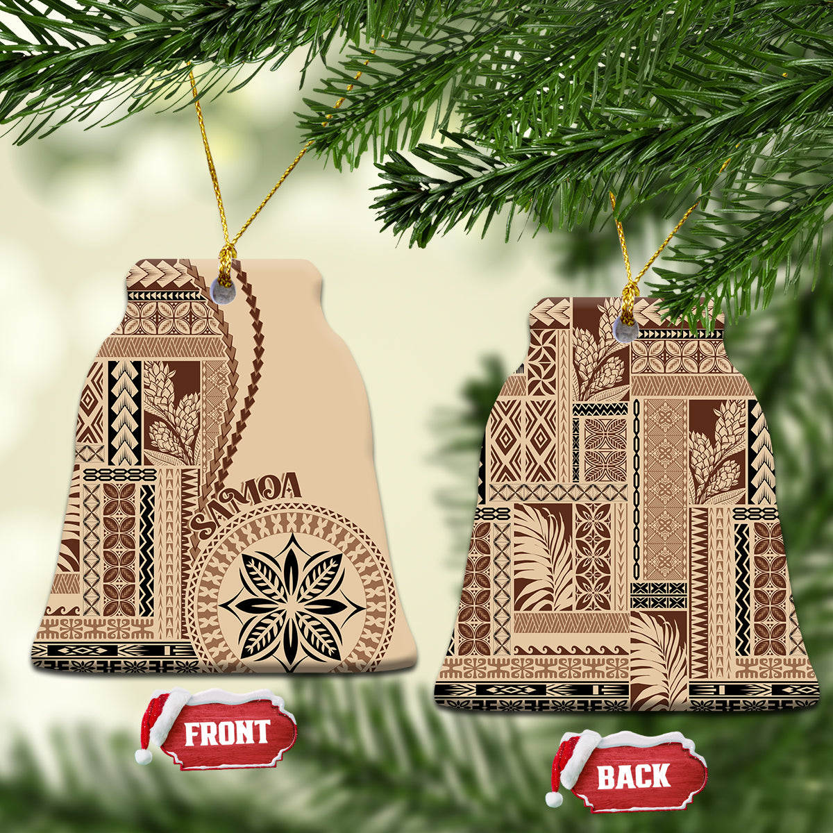 Beige siapo motif ceramic ornament, bell-flake shaped with brown patterned front and back