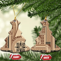 Beige siapo motif ceramic ornament, star-shaped with brown patterned surface and hanging loop