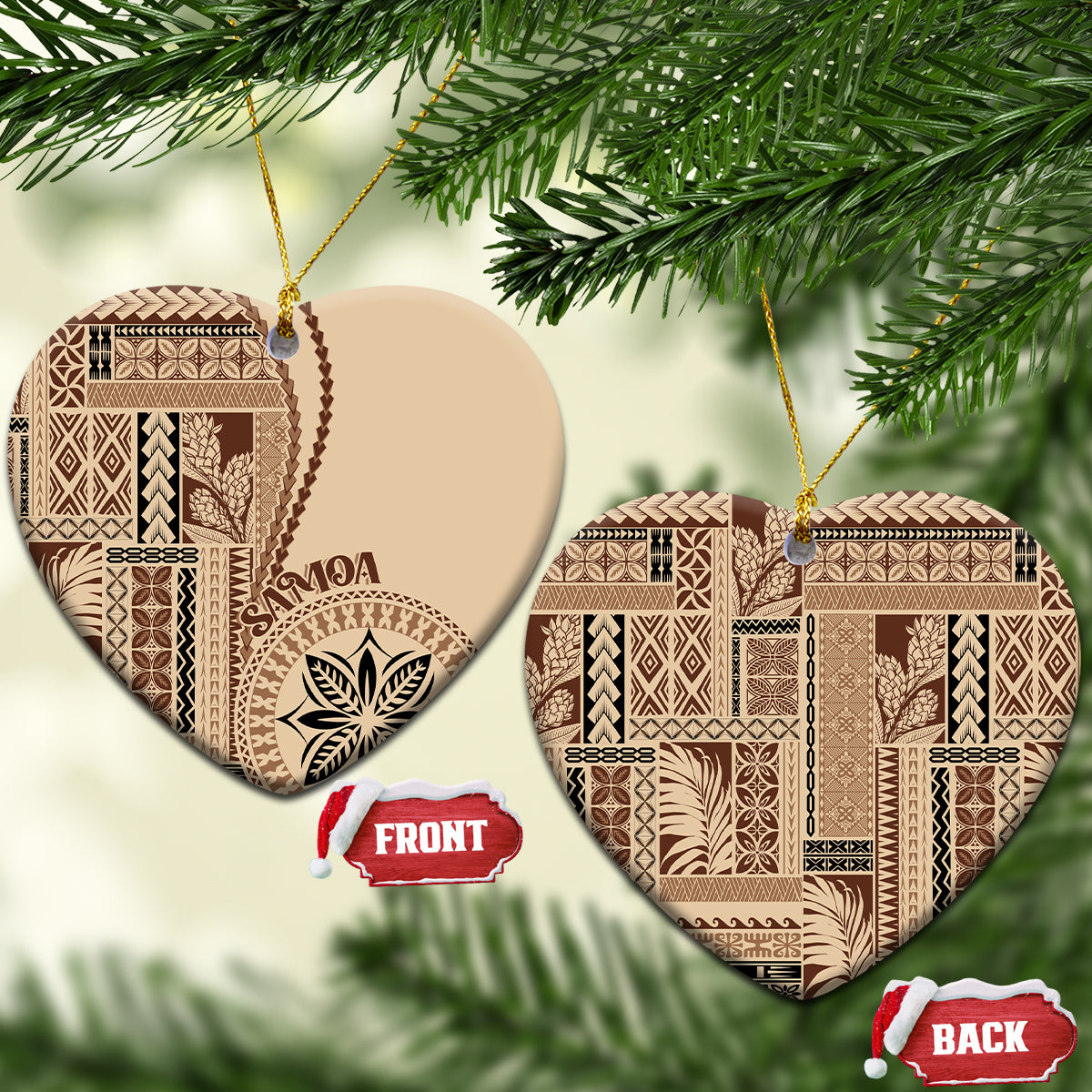 Beige siapo motif ceramic ornament, heart-shaped with brown pattern and gold hanging cord