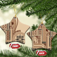 Beige siapo motif ceramic ornament, star-shaped with brown patterned front and hanging loop