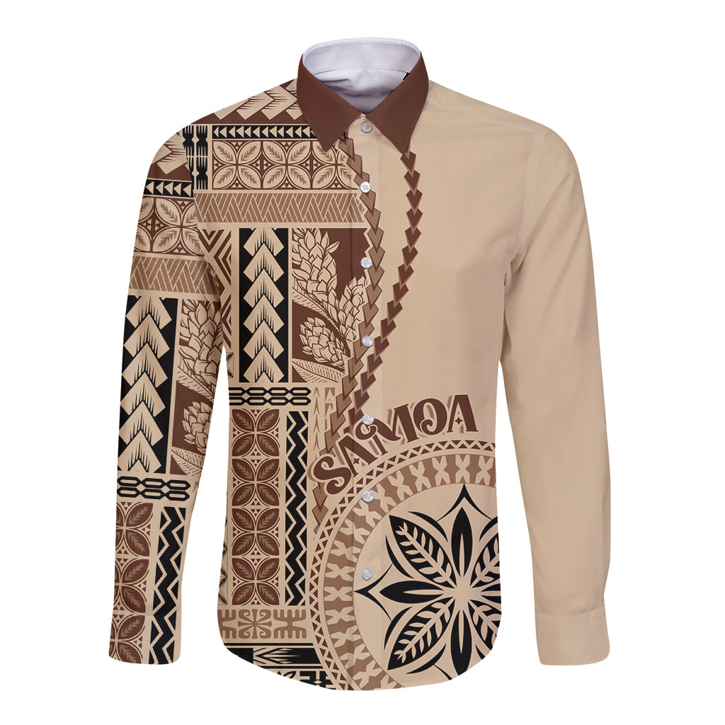 Beige long-sleeve button shirt with Samoa siapo geometric motif panel
