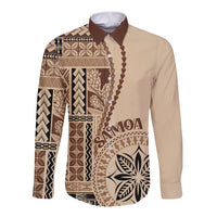 Beige long-sleeve button shirt with Samoa siapo geometric motif panel