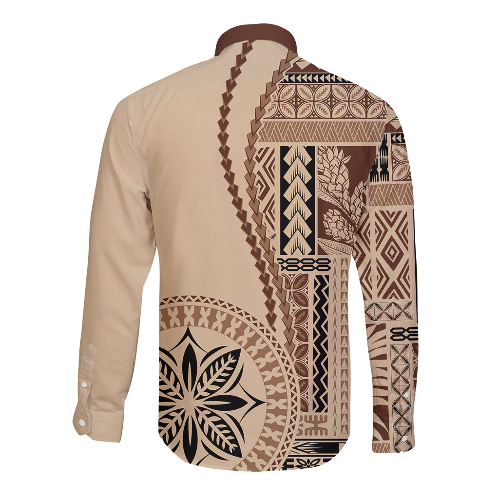 Beige long-sleeve button shirt with Samoa siapo motif on back panel